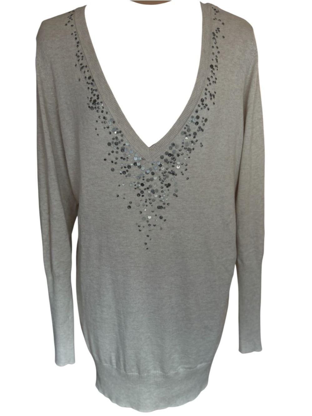Eileen Fisher Oat Neutral Organic Cotton Cashmere Sweater V Neck Minimalist XL